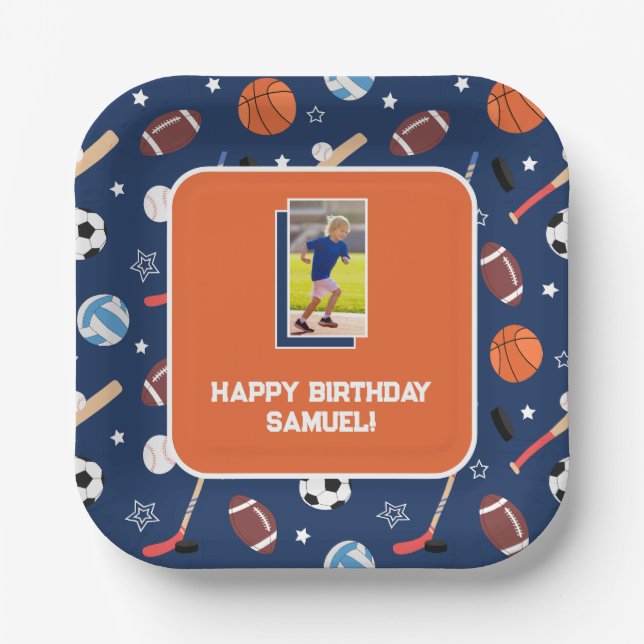 Kids Sports Pattern Blue & Orange Birthday Photo Paper Plates (Front)