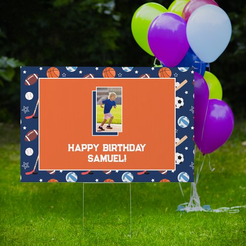 Kids Sports Pattern Blue  Orange Birthday Photo Sign