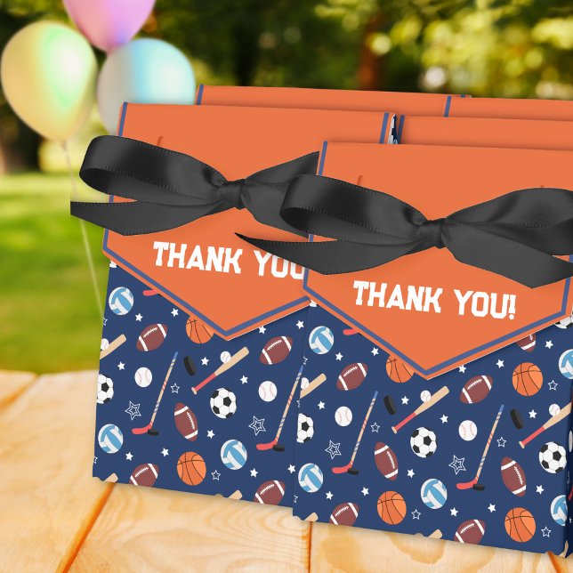Kids Sports Pattern on Blue & Orange Birthday Favor Boxes (Creator Uploaded)