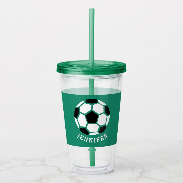 Kids Sports Soccer Athletic Personalized Green Acrylic Tumbler (Front)