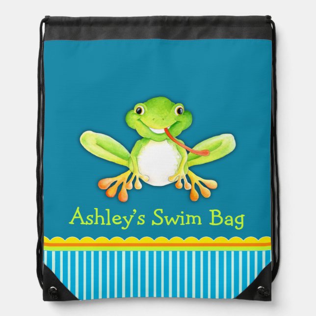 Kids sports swim blue frog named drawstring bag (Front)