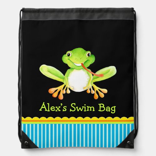 Kids sports swim green frog named drawstring bag