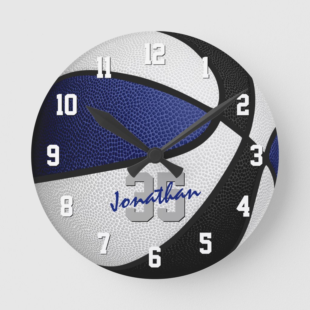 Kids sporty blue black basketball room decor wall clock