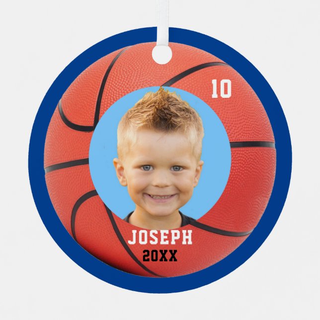 Kids Sporty Blue Photo Basketball Metal Ornament (Front)