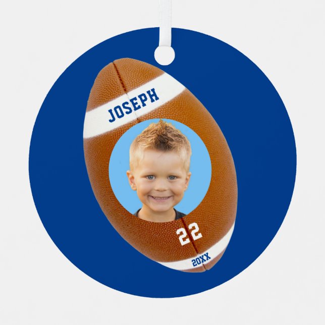 Kids Sporty Blue Photo Football Metal Ornament (Front)