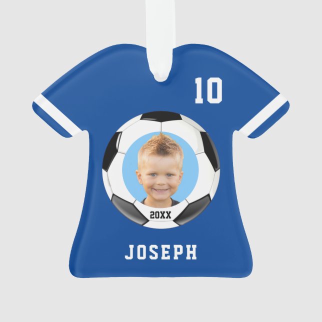 Kids Sporty Blue Photo Soccer Jersey Ornament (Back)