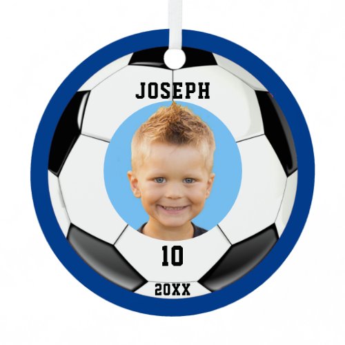 Kids Sporty Blue Photo Soccer Metal Ornament