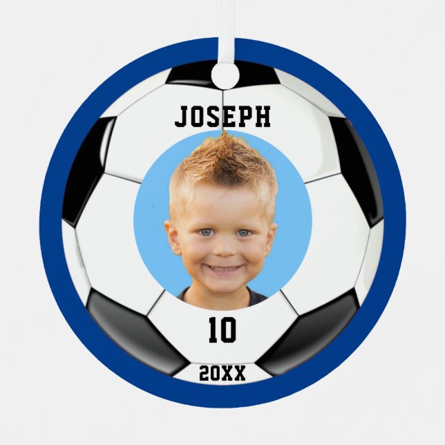 Kids Sporty Blue Photo Soccer Metal Ornament (Front)