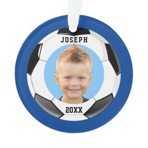 Kids Sporty Blue Photo Soccer  Ornament