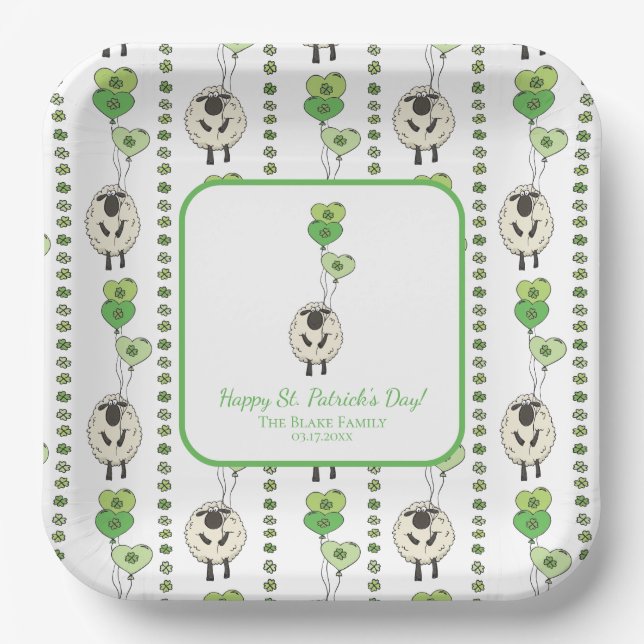 Kids St. Patrick’s Day Sheep & Shamrocks Pattern Paper Plates (Front)