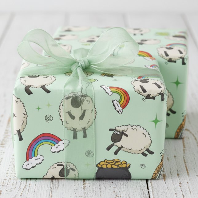 Kids St. Patrick’s Day Sheep & Shamrocks Wrapping Paper (Kids Green St Patrick's Day Wrapping Paper. Cute Irish Sheep, Shamrocks, Rainbow, Four Leaf Clovers)