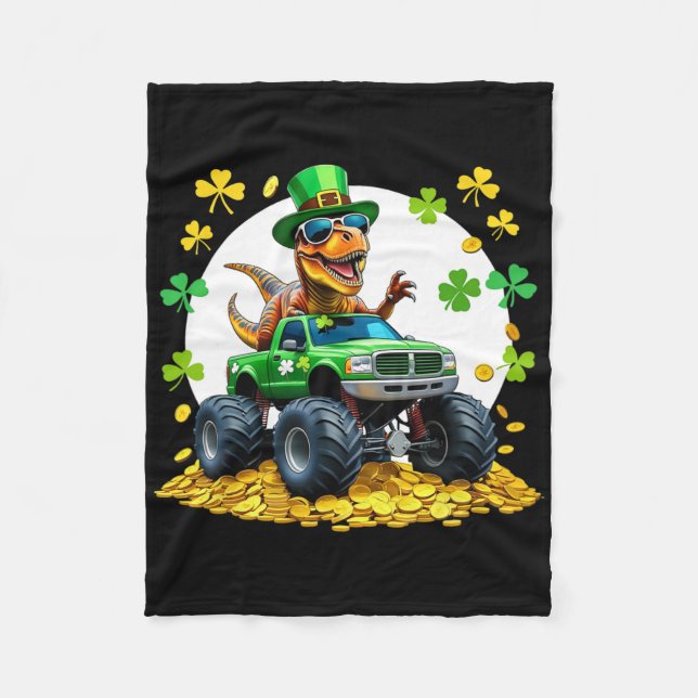 Kids St Patricks Day 2026 - Dinosaur Riding Monste Fleece Blanket (Front)