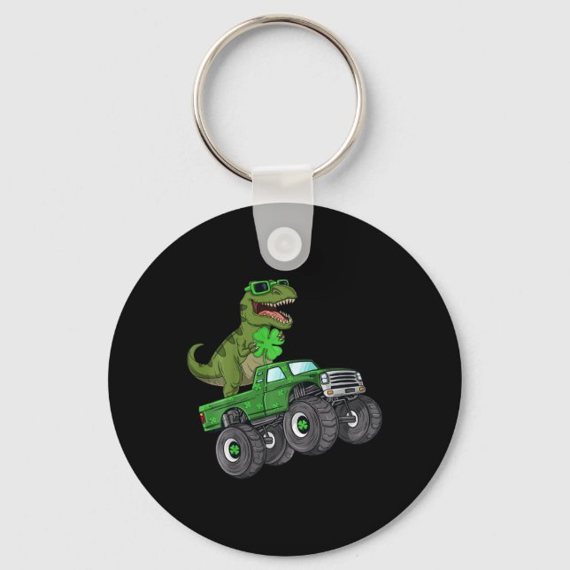 Kids St Patricks Day T Rex Riding Monster Truck To Keychain (Front)