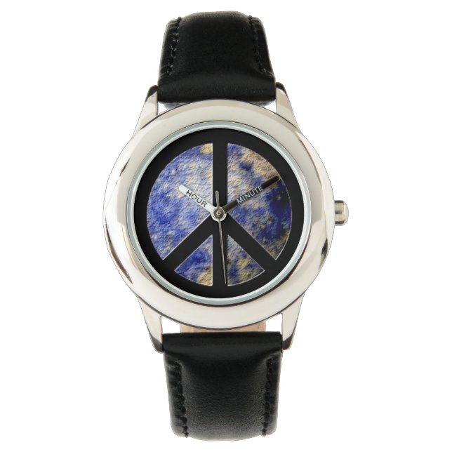 Kid's Stainless Steel Watch Black Strap Peace Sign (Front)