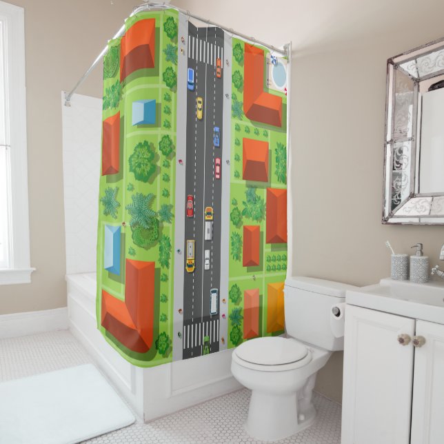 Kids Suburban Cars Shower Curtain (In Situ)