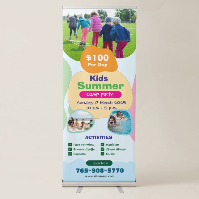 Kids Summer Camp Party Vertical Retractable Banner (Front)