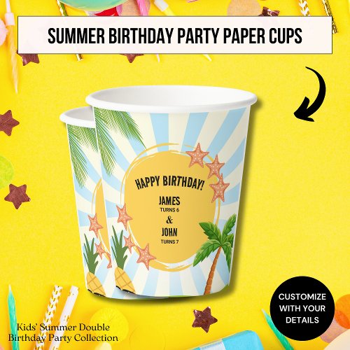 Kids Summer Double Birthday Celebration Paper Cups
