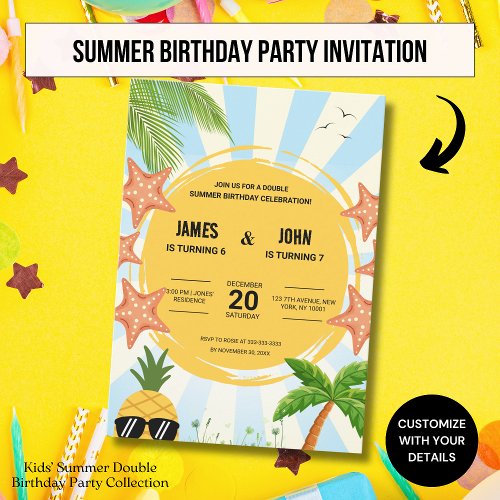 Kids Summer Double Birthday Party Invitation