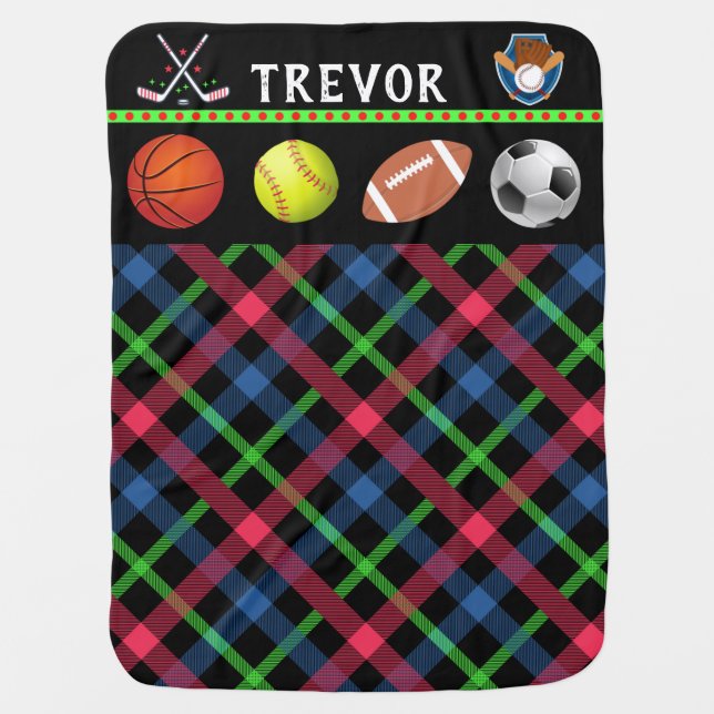 Kids Super Sports Tartan Personalized   Baby Blanket (Front)
