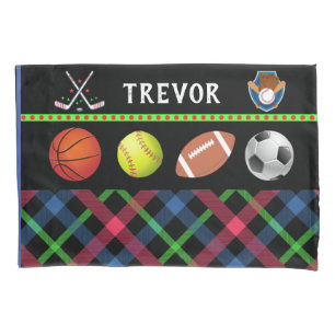 Kids Super Sports Tartan Personalized Pillow Case
