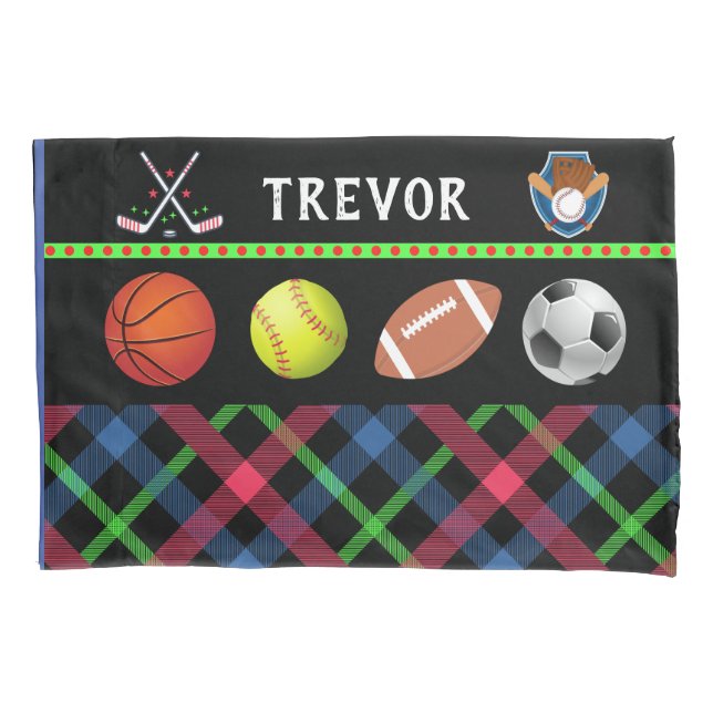 Kids Super Sports Tartan Personalized  Pillow Case (Front)