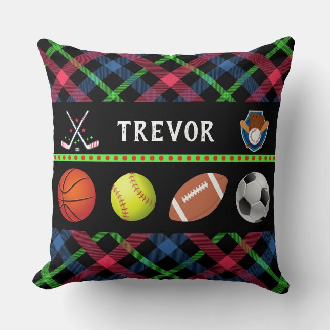 Kids Super Sports Tartan Personalized  Throw Pillow (Front)