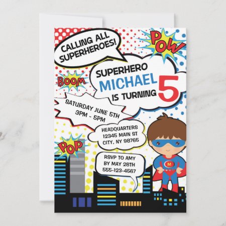 Kids Superhero Birthday Party Invitation Boy Hero