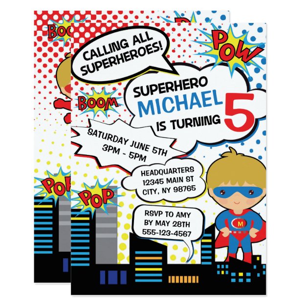 Kids Superhero Birthday Party Invitation Boy Hero