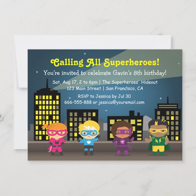 Kids Superhero Birthday Party Invitations (Front)