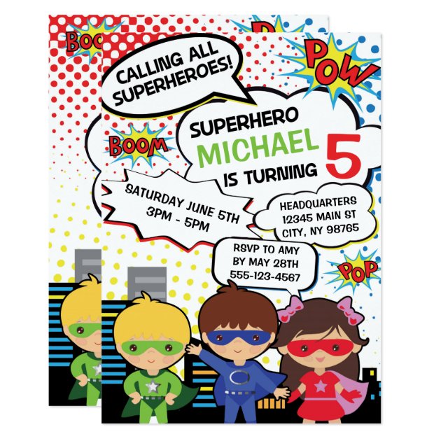 Kids Superhero Birthday Party Invite Boy Girl Hero