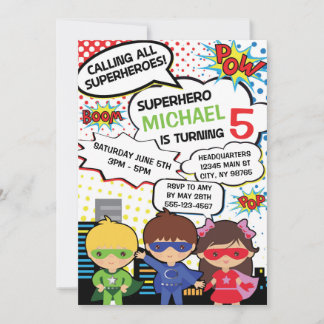 Kids Superhero Birthday Party Invite Boy Girl Hero