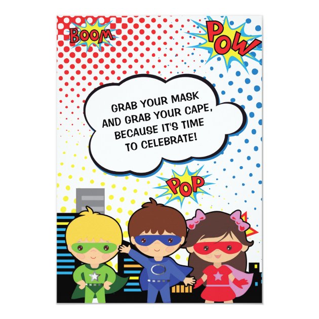 Kids Superhero Birthday Party Invite Boy Girl Hero