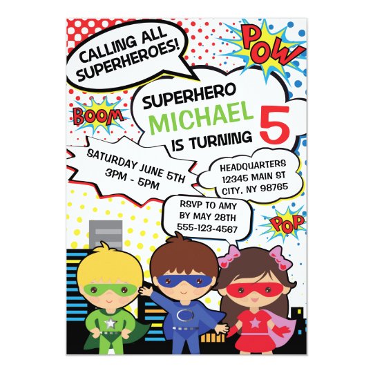 kids superhero birthday party invite boy girl hero zazzle com
