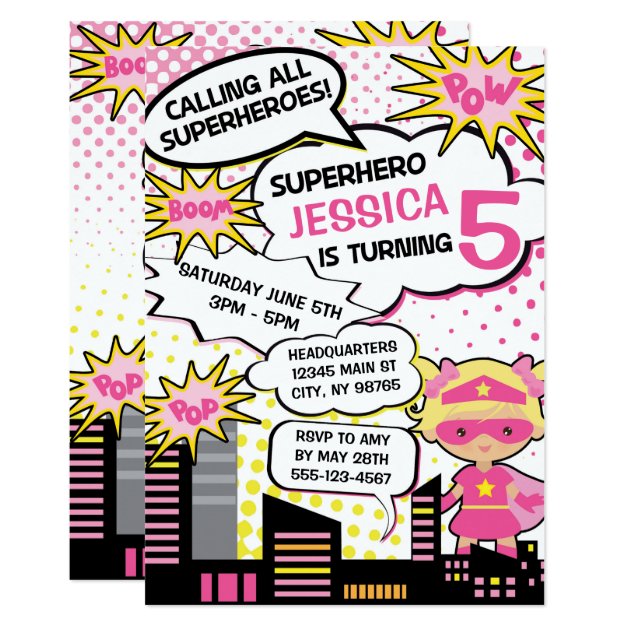 Kids Superhero Birthday Party Invite Girl Hero