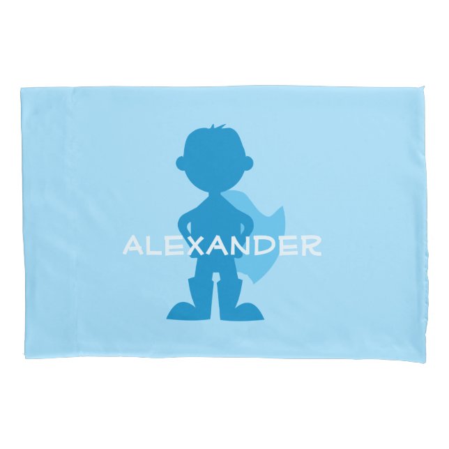 Kids Superhero Boy Silhouette Personalized Blue Pillow Case (Front)