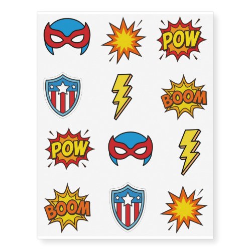 Kids Superhero Comic Temporary Tattoo Sheet