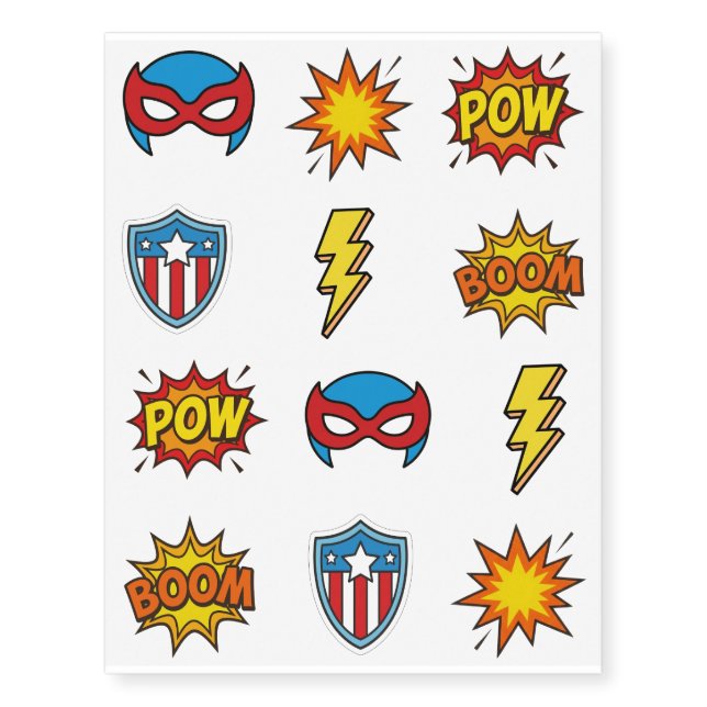 Kids Superhero Comic Temporary Tattoo Sheet (Front)