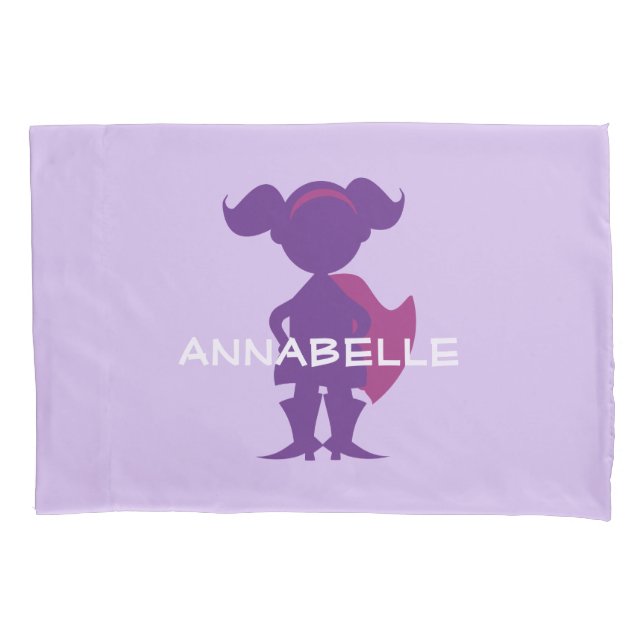 Kids Superhero Girl Silhouette Personalized Purple Pillowcase (Front)
