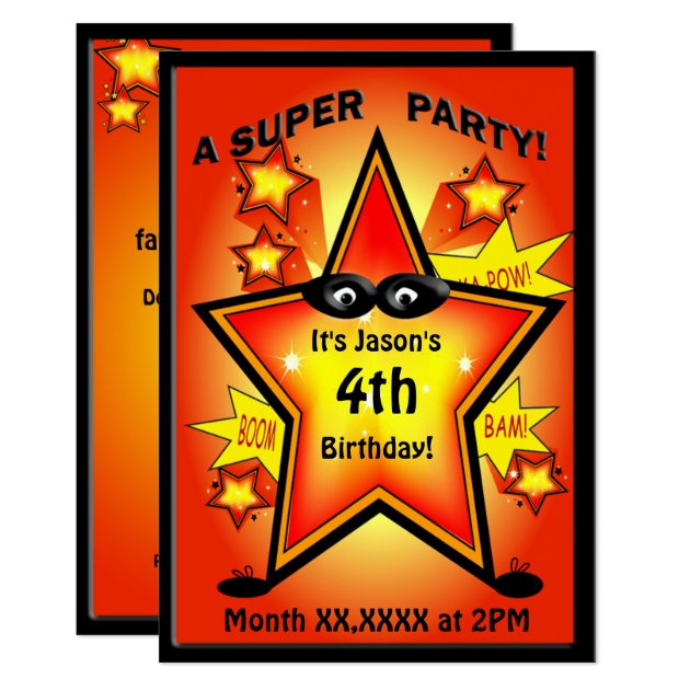 Kids Superhero Star Birthday Party Invitation