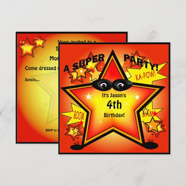 Kids Superhero Star Birthday Party Invitation (Front/Back)