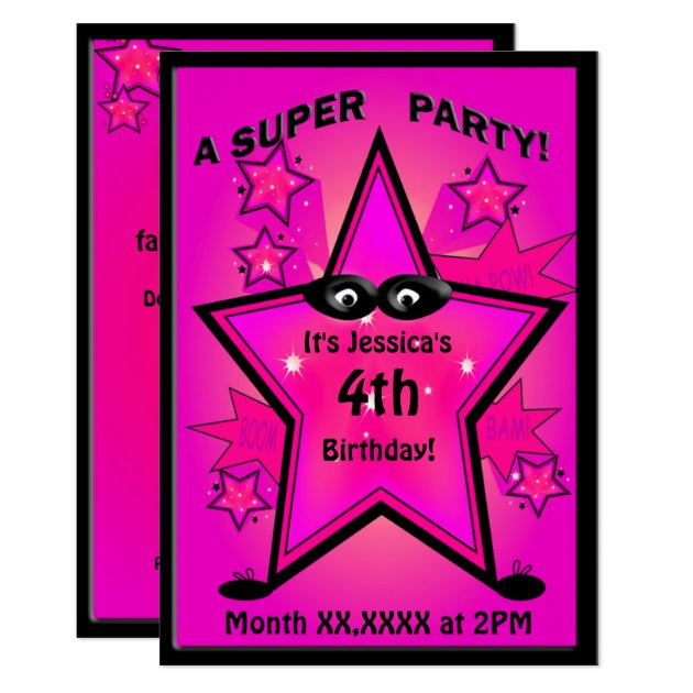 Kids Superhero Star Girl Birthday Party Invitation
