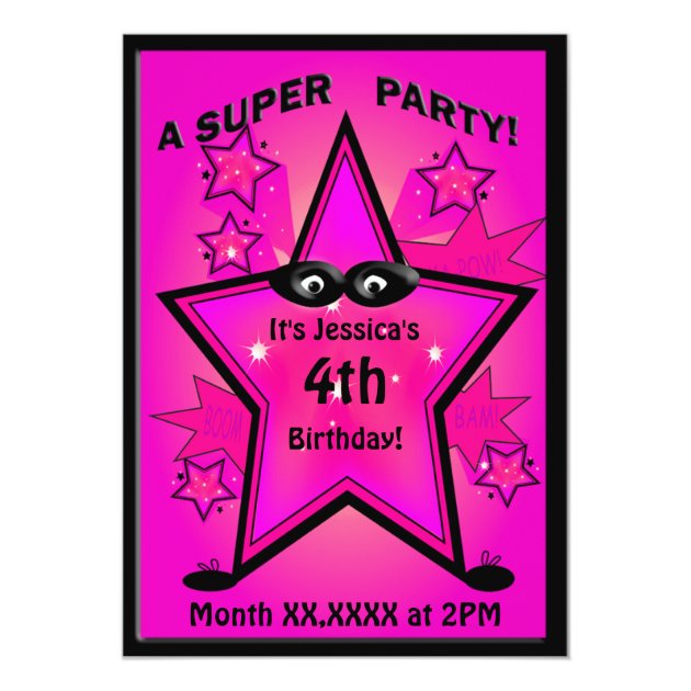 Kids Superhero Star Girl Birthday Party Invitation