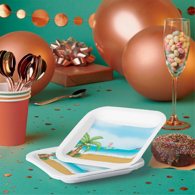 Kids Surfing Tropical Beach Fun Summer Ocean Paper Plates (Creator Uploaded)