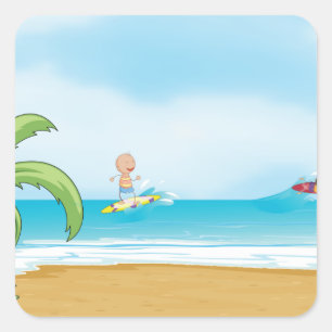 Kids Surfing Tropical Beach Fun Summer Ocean Square Sticker
