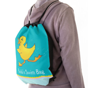 Kids swimming sports aqua blue name drawstring bag