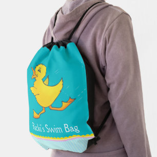 Kids swimming sports aqua blue name drawstring bag