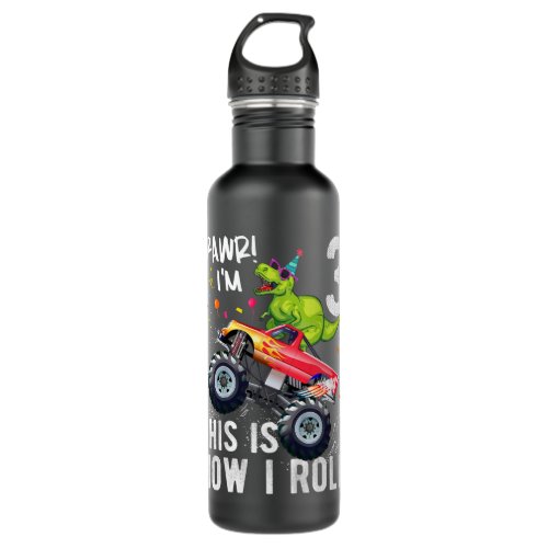 Kids T Rex Dinosaur Monster Truck 3rd Birthday Boy Stainless Steel Water Bottle