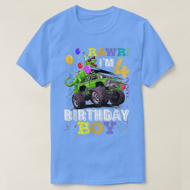 Kids T Rex Dinosaur Monster Truck 4th Birthday  T-Shirt (Design Front)