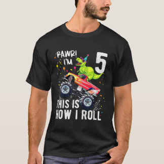 Kids T Rex Dinosaur Monster Truck 5th Birthday Boy T-Shirt