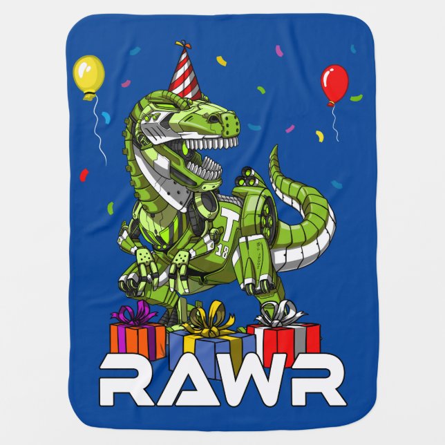 Kids T-Rex Dinosaur Robot Rawr Birthday Boy Party Baby Blanket (Front)